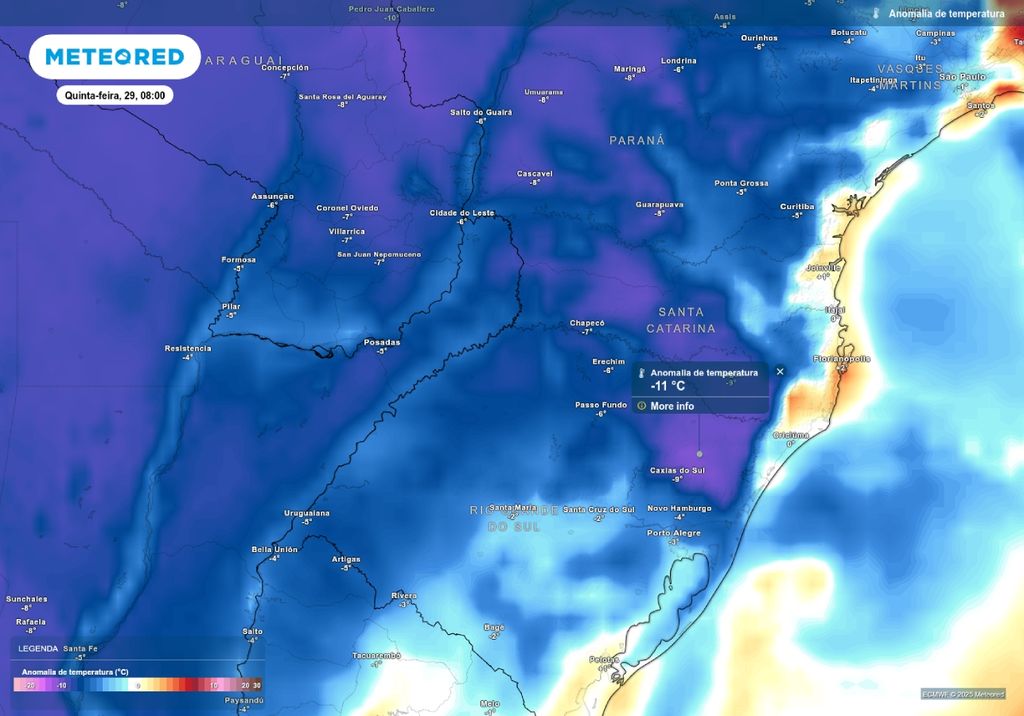 Previsão de anomalia de temperatura quinta-feira (29), de acordo com modelo ECMWF. Previsão de anomalia de temperatura quinta-feira (29), de acordo com modelo ECMWF.