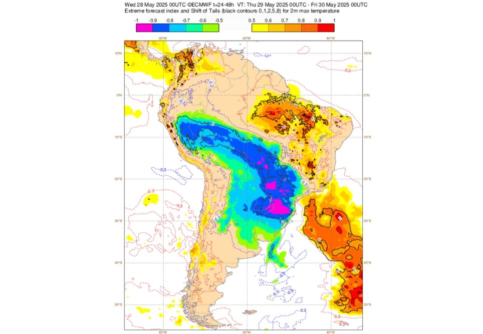 Índice de previsão extrema (EFI) do ECMWF para a temperatura máxima do ar mostra evento extremo de frio sobre as regiões Sul, Centro-Oeste e Sudeste do Brasil.