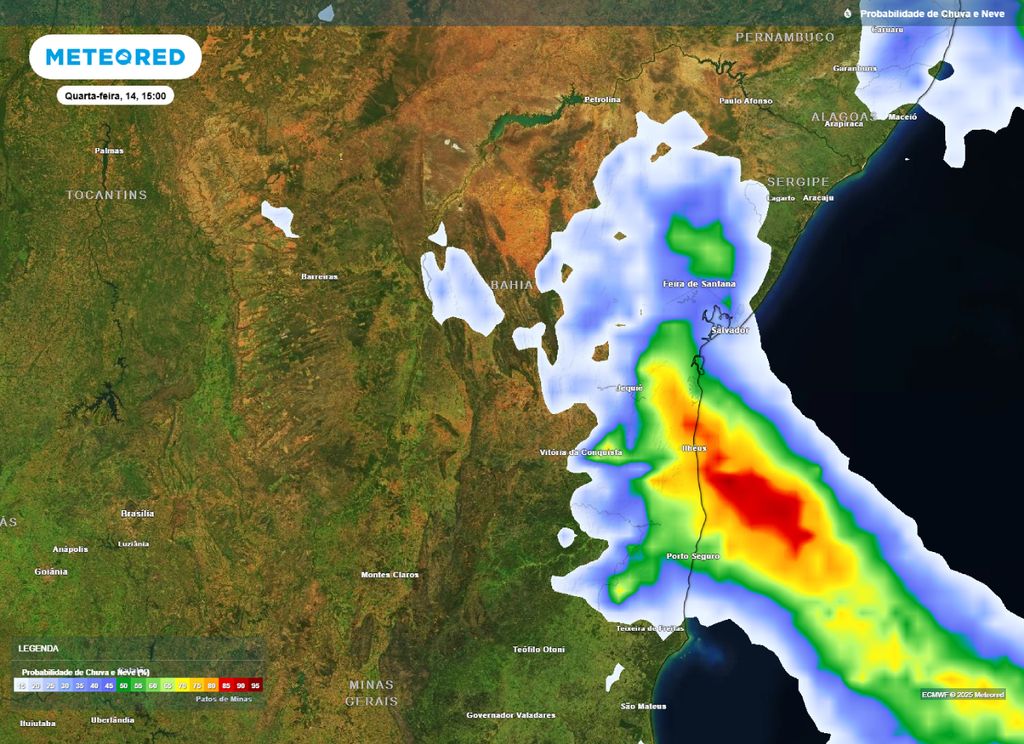 Mapa de probabilidade de precipitação para a tarde de quarta-feira (14), segundo o modelo ECMWF. Mapa de probabilidade de precipitação para a tarde de quarta-feira (14), segundo o modelo ECMWF.