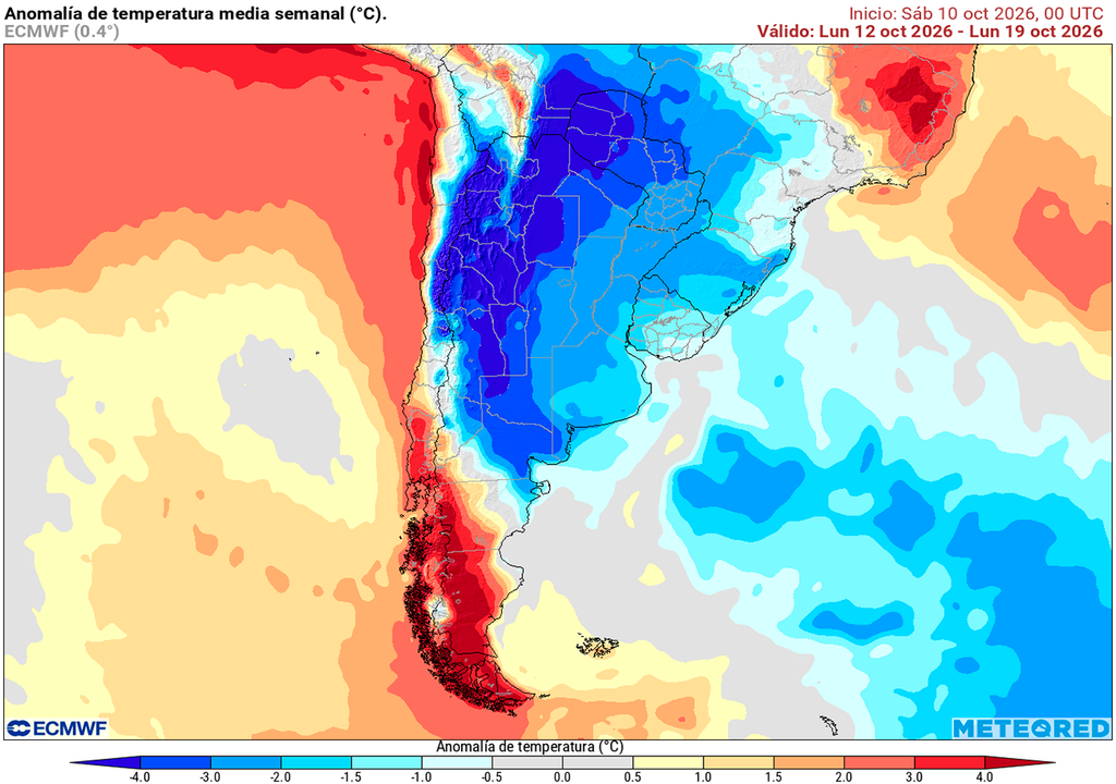 Pronóstico, Clima, Tiempo, Argentina Anomalía de temperatura prevista para los próximos 7 días según el modelo ECMWF