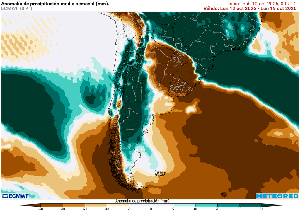 Pronóstico, Clima, Tiempo, Argentina Anomalía de precipitaciones prevista para los próximos 7 días según el modelo ECMWF