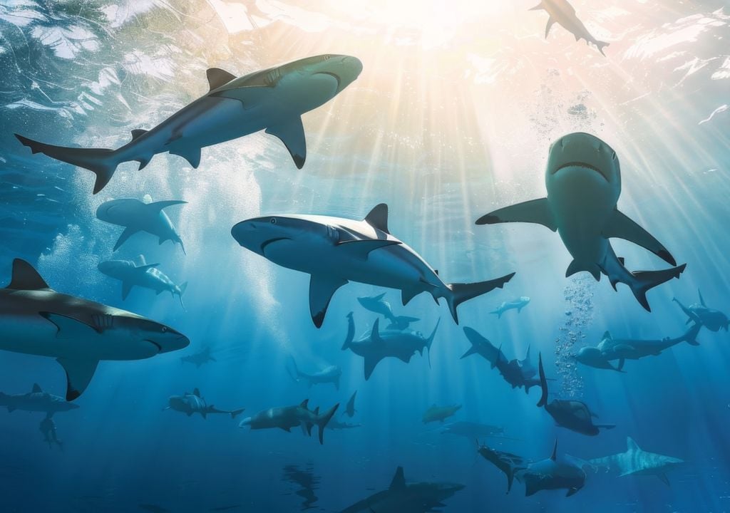 tiburones Un cardumen de tiburones patrulla aguas abiertas, una imagen cada vez menos frecuente en los océanos del mundo.