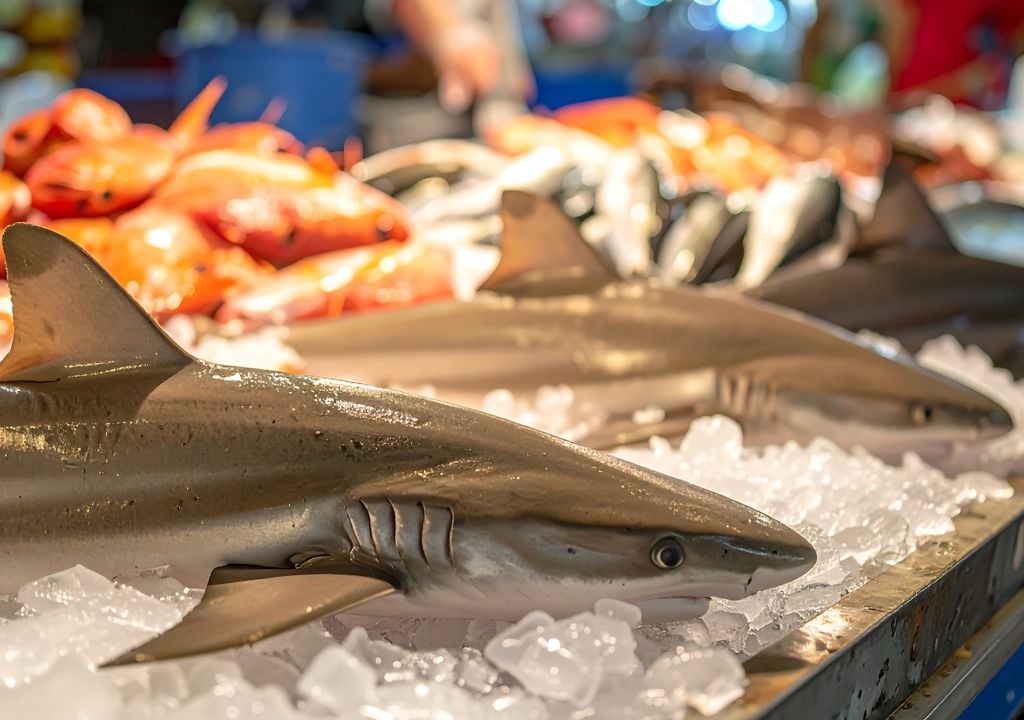 tiburon Tiburones enteros exhibidos para la venta en una pescadería, una práctica todavía legal en varios países.