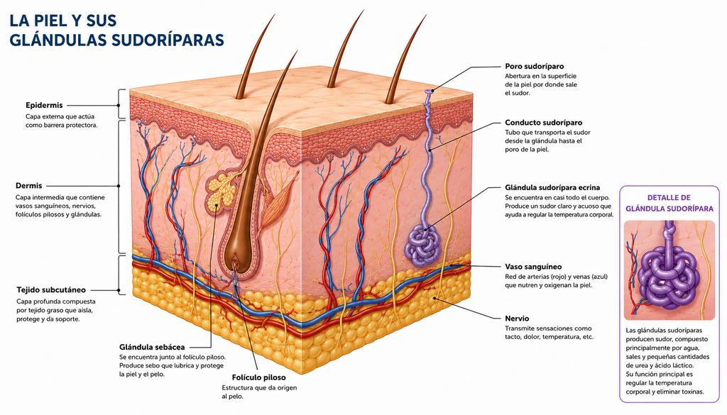 Ilustración de las capas de la piel y las glándulas sudoríparas.