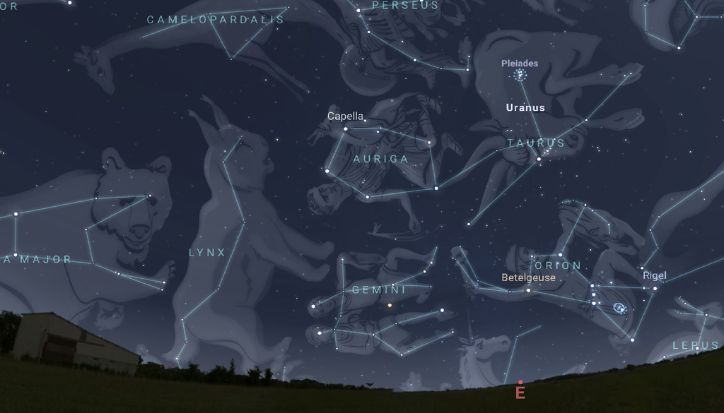 Posizione in cielo della costellazione Auriga intorno alle ore 3 am (CEST) come visibile alla latitudine di Roma. Credit: Stellarium web