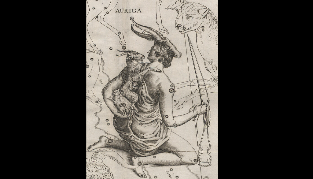 La costellazione dell'Auriga disegnata da Johannes Hevelius. L'auriga è il guidatore di un carro o di un cocchio, soprattutto nell'antichità classica. Il termine indica chi conduceva i carri da guerra o partecipava alle corse nei circhi e negli stadi.