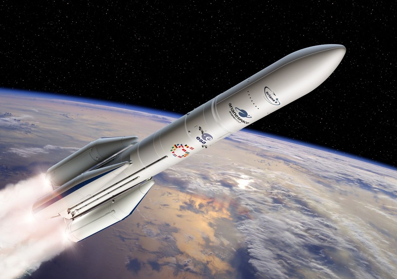 Künstlerische Darstellung der Konfiguration der Ariane 6 mit vier Boostern (A64). Bild: ESA