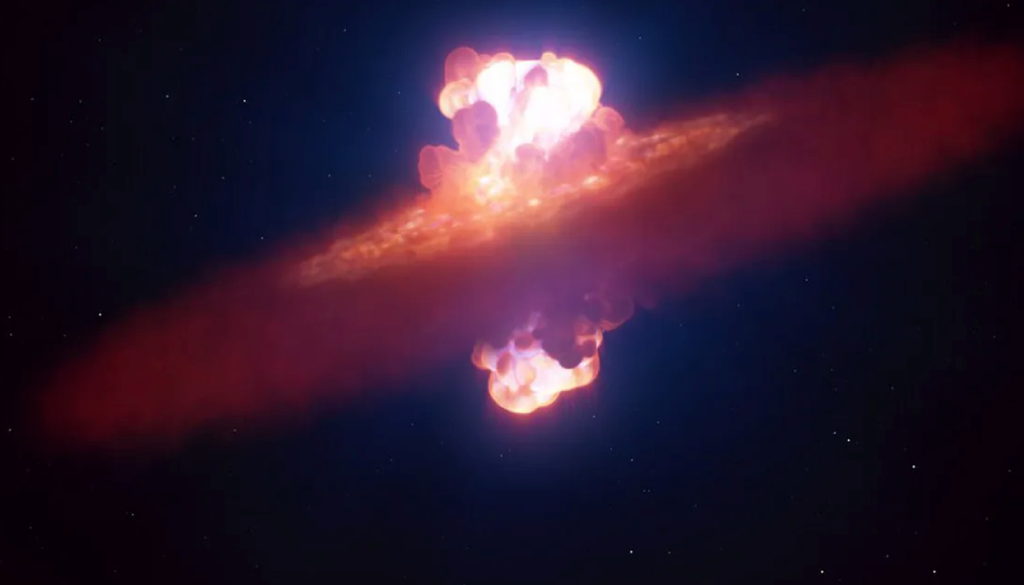 I venti generati da esplosioni concentrate di supernovae possono avere una direzione comune e generare un vento collettivo capace di espellere il gas via dalla galassia. Credit: L. Calçada/ESO