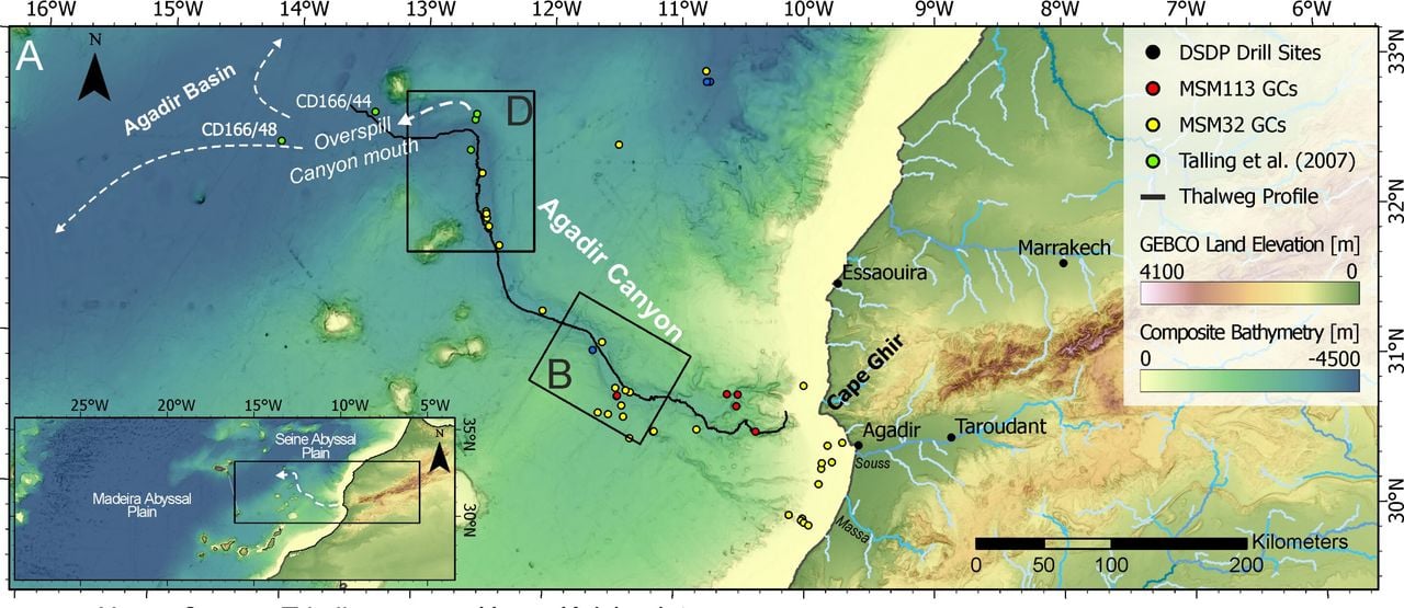 Mapa general del margen noroccidental de África que muestra el recorrido del fenómeno y sus marcas erosivas en el fondo marino. Crédito: Universidad de Liverpool