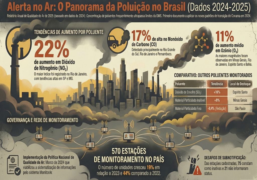Expansão das estações de monitoramento no Brasil revela falhas graves no controle da poluição atmosférica. Imagem: Ilustração