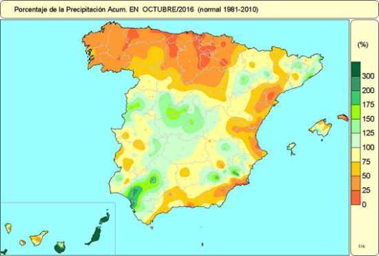 Porcentaje de la precipitación de octubre 2016 respecto a lo normal