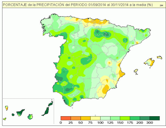 Avance Climático Del Otoño De 2014 Porcentaje de precipitación periodo 1/9 al 30/11/2014
