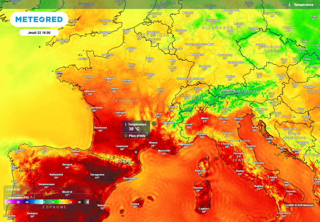 Températures jeudi après-midi Ce jeudi après-midi, des pointes à 38°C seront déjà possibles dans les terres de l'Occitanie, notamment vers Albi ou Carcassonne.