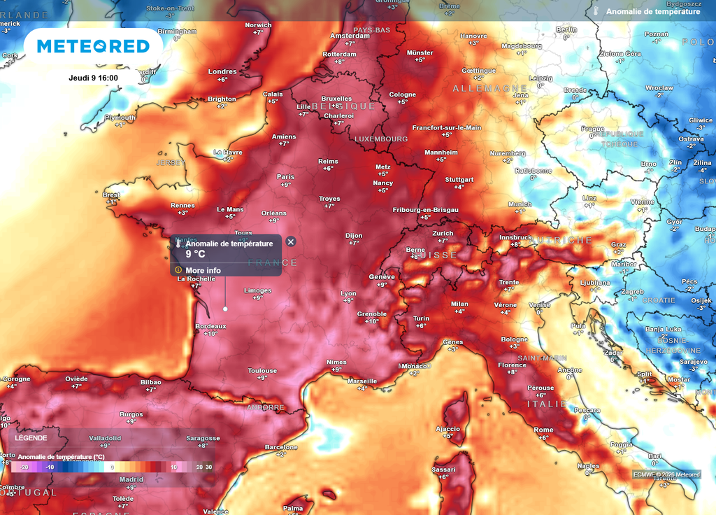 Anomalie de températures jeudi après-midi Jeudi après-midi, les anomalies de températures atteindront souvent +7 à +9°C dans beaucoup de régions par rapport aux moyennes de saison.