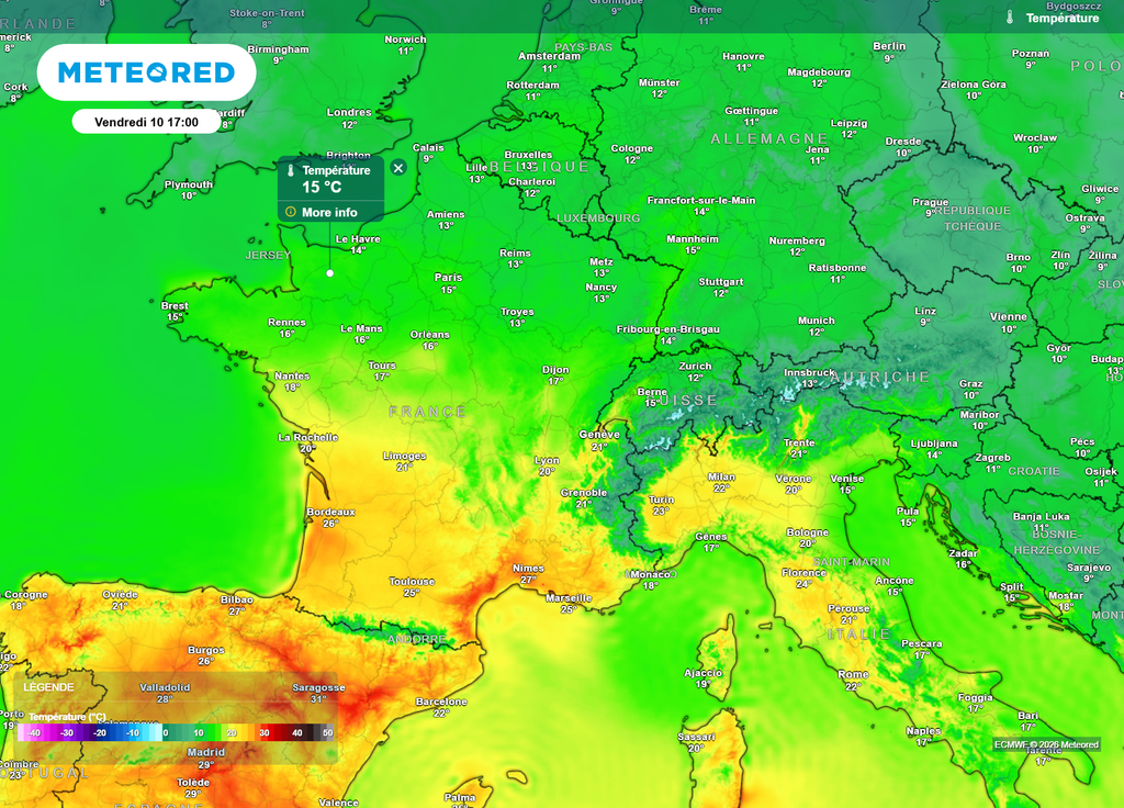 Températures vendredi après-midi Vendredi après-midi, il sera souvent difficile de dépasser les 20°C sur la moitié Nord, alors que la chaleur résistera du Sud-Ouest à la Méditerranée.