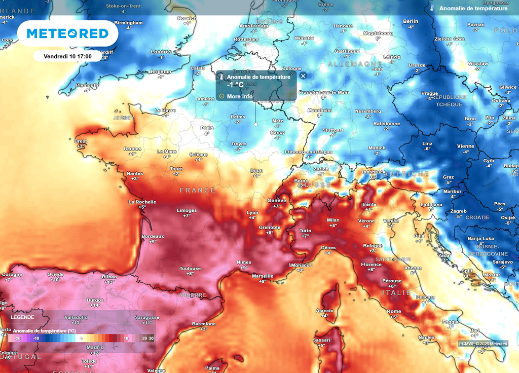 Anomalies de températures vendredi après-midi Dans certaines régions du Nord et du Nord-Est, les températures repasseront légèrement sous les moyennes de saison vendredi après-midi : un sacré choc thermique en 24h !