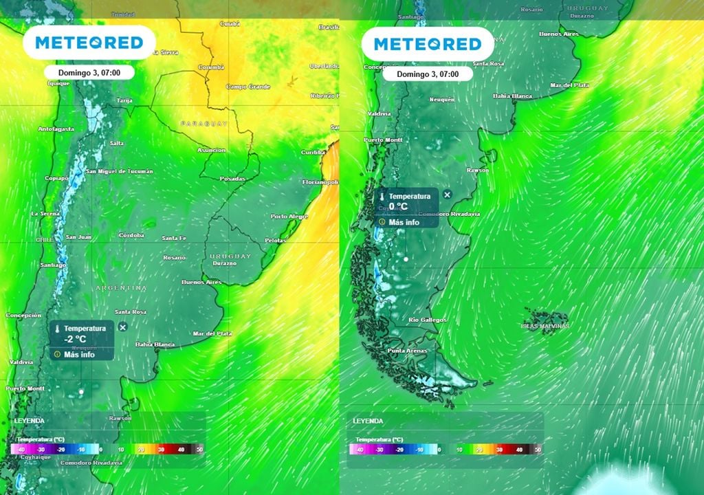 Temperaturas mínimas gélidas pronosticadas para el domingo 3 de mayo en la Patagonia. Créditos: ECMWF