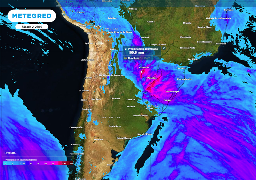 Precipitación acumulada durante este fin de semana largo, se destaca el norte del NEA en alerta meteorológica naranja durante el viernes 1 y sábado2 . Créditos: ECMWF.