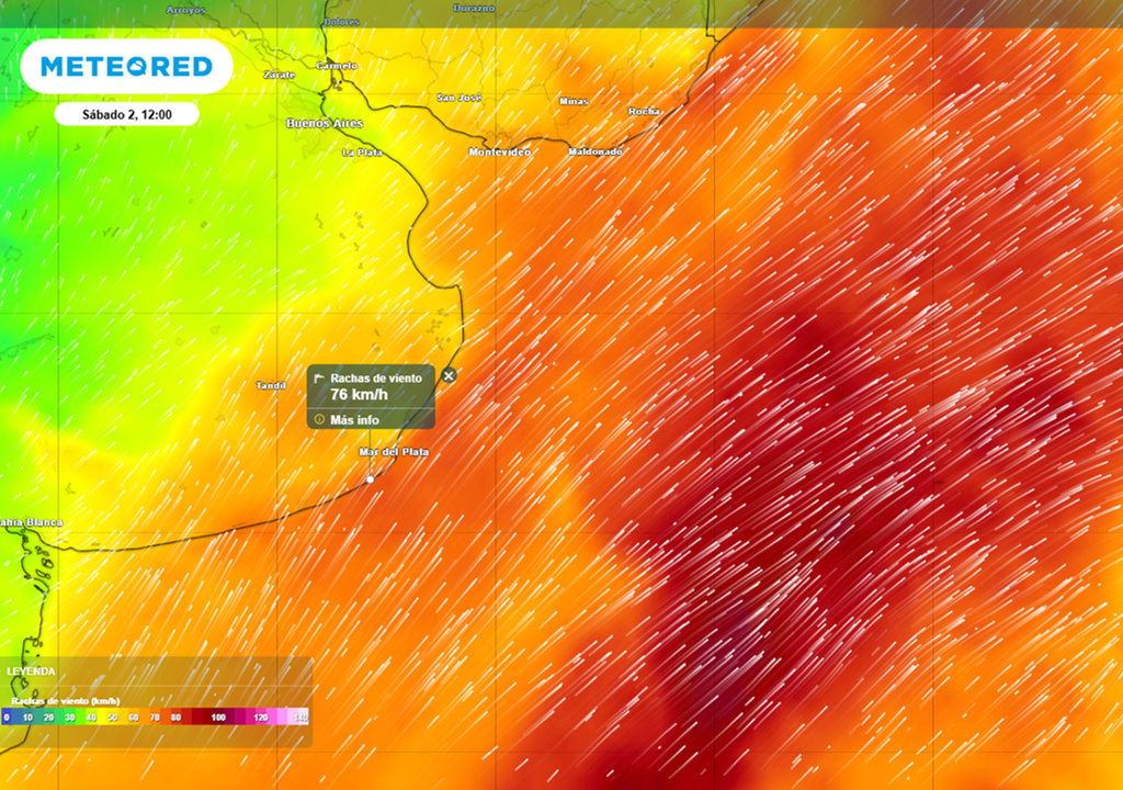 Alerta por ráfagas de hasta 75 km/h en la costa este y sur bonaerense para este sábado 2 de mayo. Créditos: ECMWF