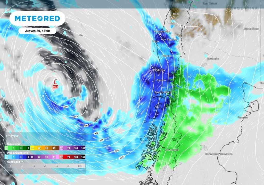 El jueves 30 un sistema de baja presión frente a la costa chilena extenderá un frente cálido hacia territorio argentino dando lugar a nevadas de variada intensidad sobre la zona cordillerana del sur de Neuquén, Río Negro y Chubut.