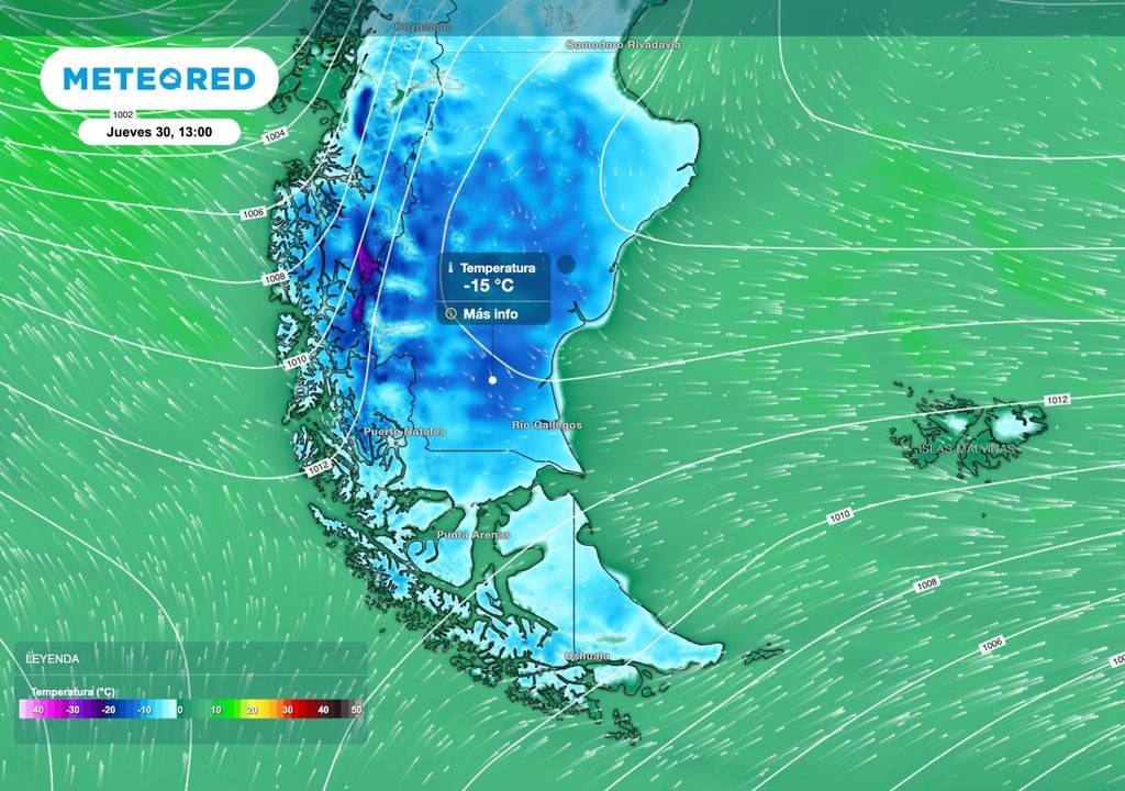 Al sur de la Patagonia, dentro del aire más frío, algunos sectores del Santa Cruz podrán marcar mínimas en el entorno de los -15 ºC.