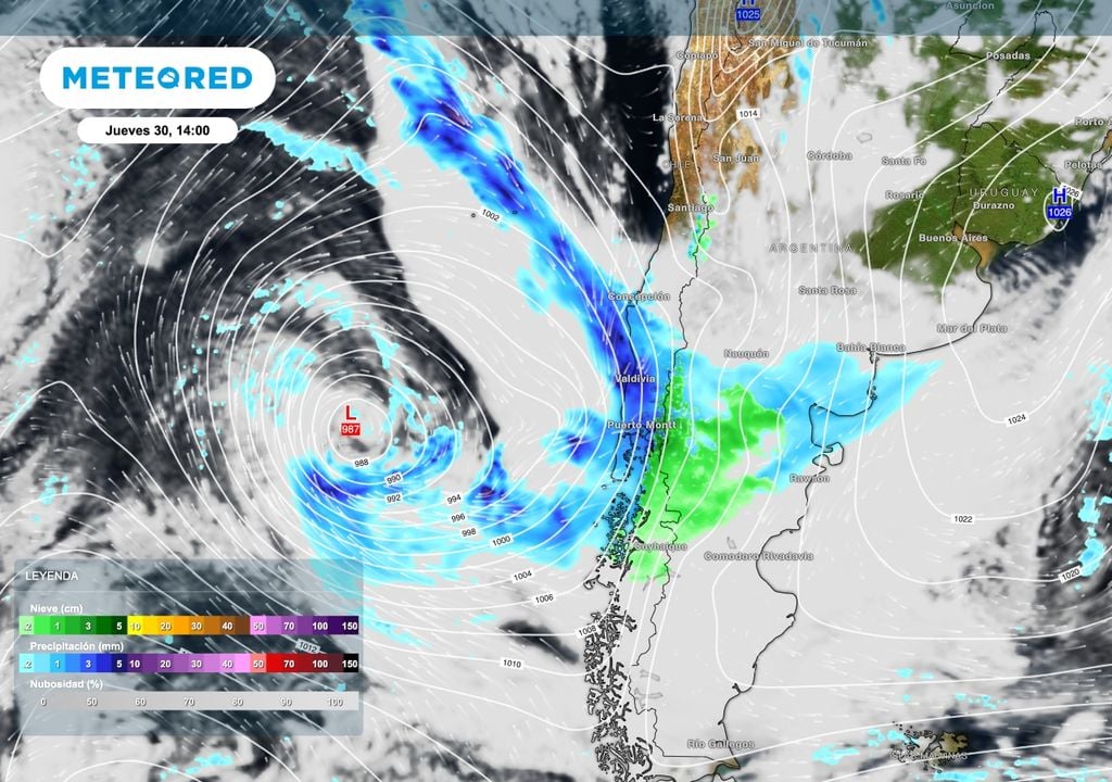 Jueves nevadas Para el jueves 30 un nuevo y profundo sistema de baja presión se aproximará desde el océano Pacífico aportando nevadas a la zona cordillerana de Neuquén, Río Negro y Chubut.