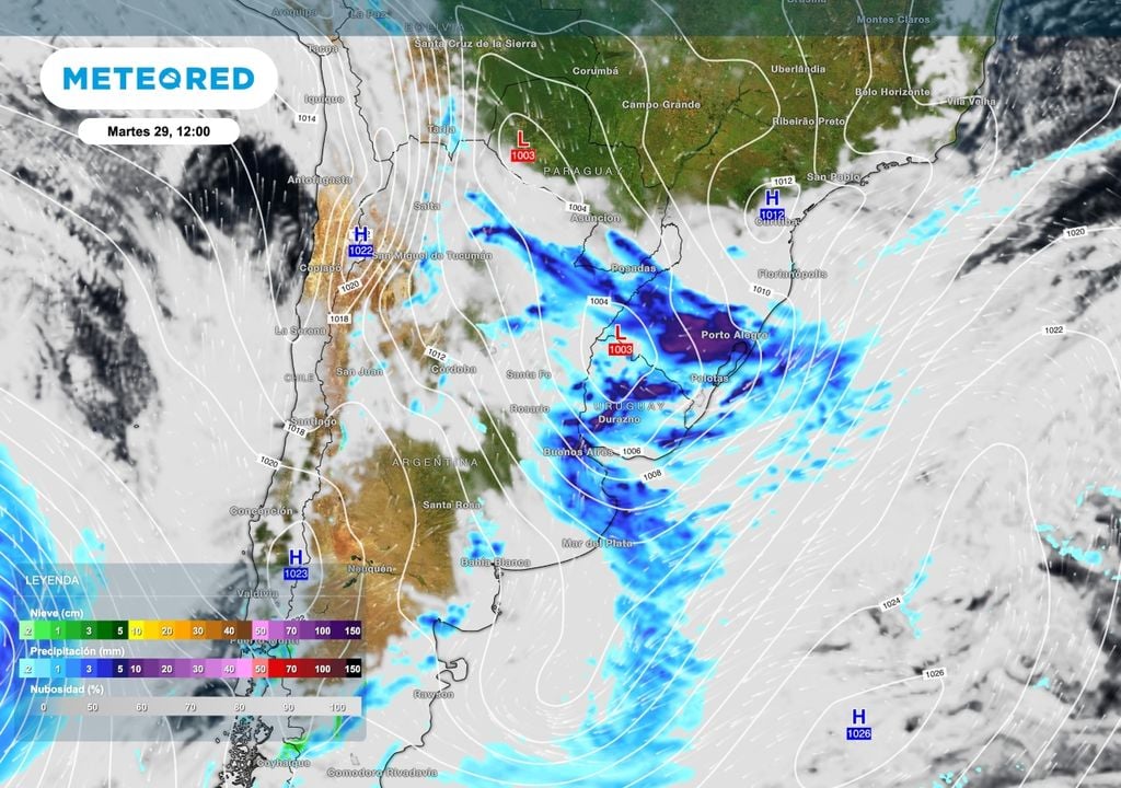 Baja presión Argentina El desarrollo de un sistema de baja presión sobre el noreste de Argentina hará que el frente cálido desplegado sobre el litoral avance luego como frente frío hacia el norte produciendo tormentas, pero también un posterior descenso de temperatura.