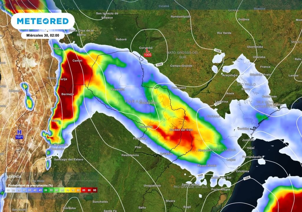 miercoles 30 Para el miércoles 30 el frente ya avanzará sobre Paraguay pero se mantiene la probabilidad de chaparrones y tormentas sobre sectores del noroeste, norte de Formosa y norte de Misiones.