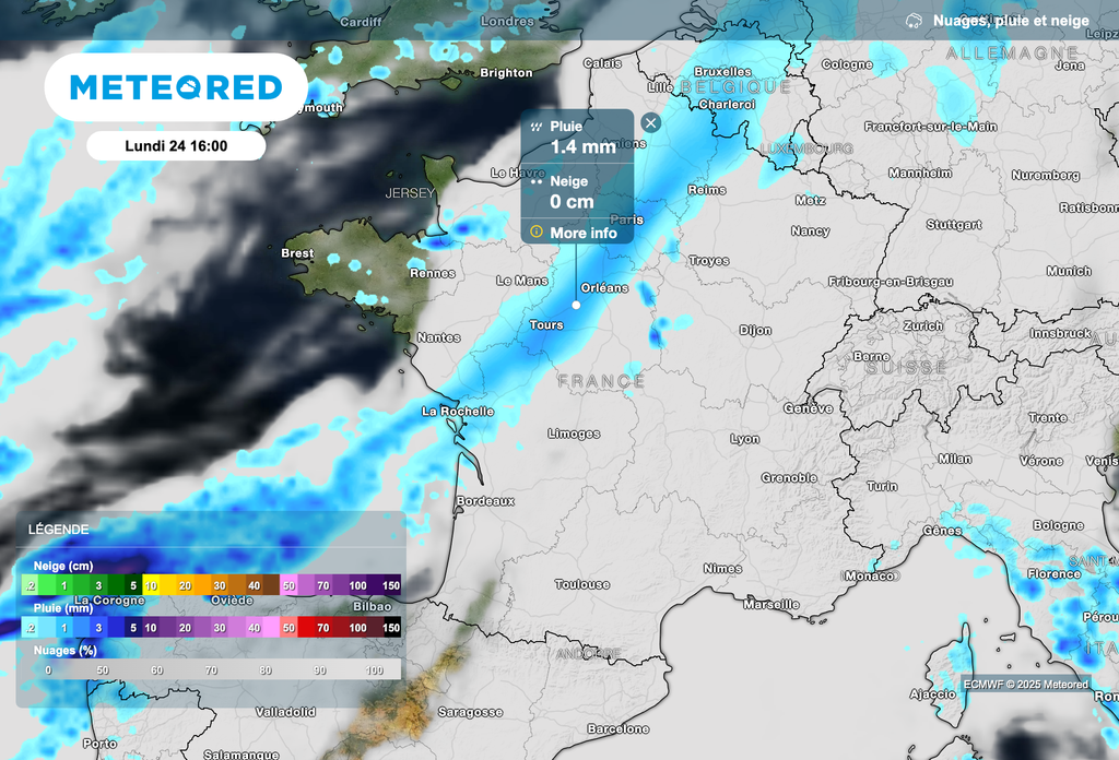 Régions concernées par la pluie cet après-midi.