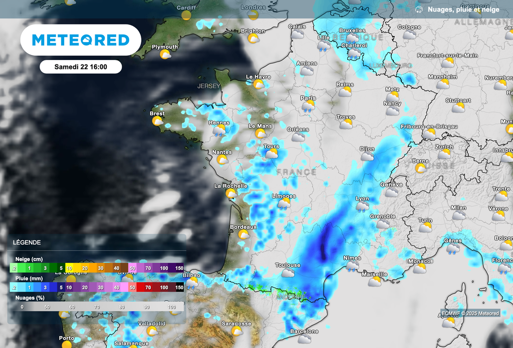 Météo pluvieuse des Pyrénées au nord-est ce samedi après-midi.