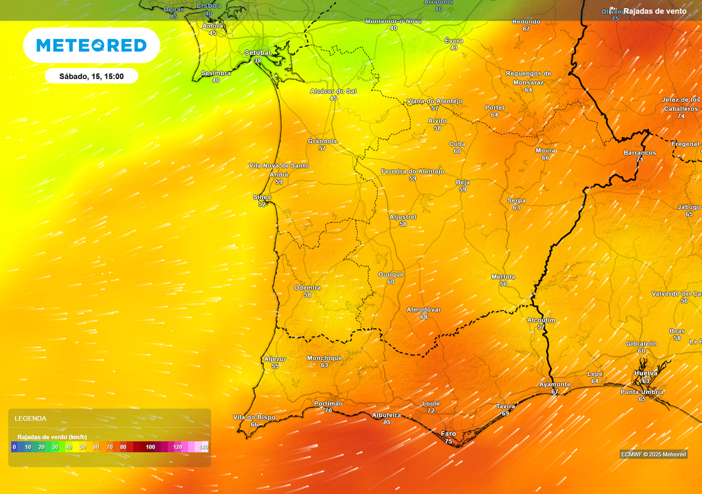 Mapa atmosférico: Rajadas de vento