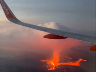 Impressive view from an airplane of the new eruption near Grindavik, Iceland