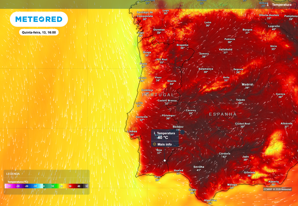 Nos próximos dias alguns locais do interior, como por exemplo no Baixo Alentejo, poderão atingir 40 ou 41 ºC de temperatura máxima.