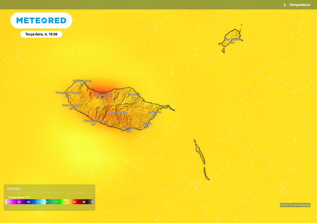 O calor intensifica-se na terça-feira, elevando a temperatura até 28 ºC em São Vicente e 27 ºC no Curral das Freiras, com valores mais moderados junto ao litoral.