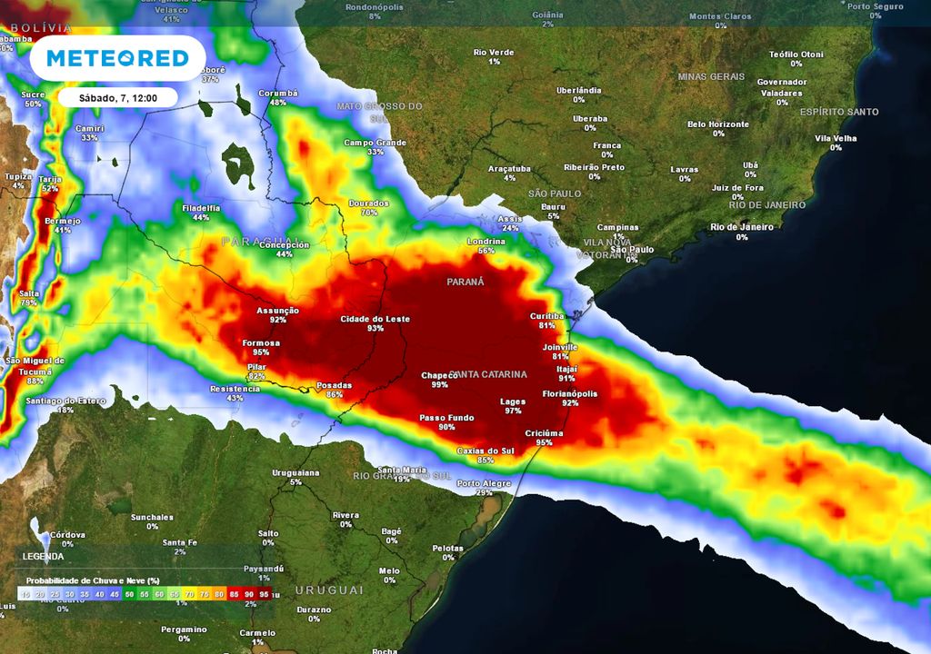 Previsão de probabilidade de chuva no sábado ao meio-dia.