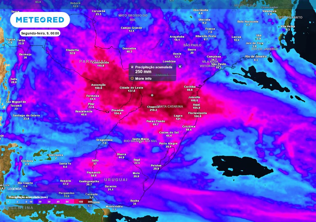 Previsão de acumulados totais de chuva até o final do domingo.