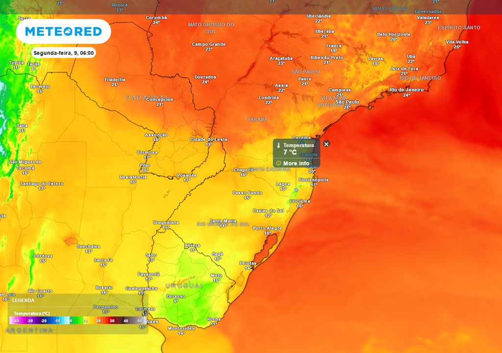 Previsão de temperaturas mínimas na segunda-feira.