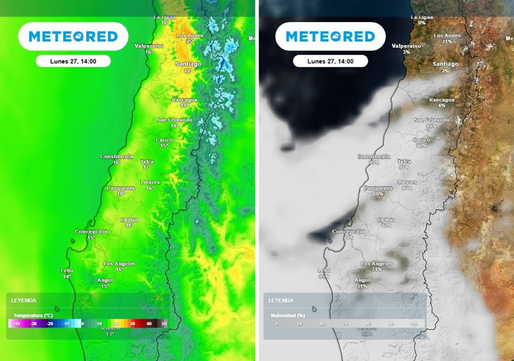 El aumento de nubosidad hacia el lunes limitará las temperaturas máximas en la zona central, dejando tardes más frescas en comparación al fin de semana.