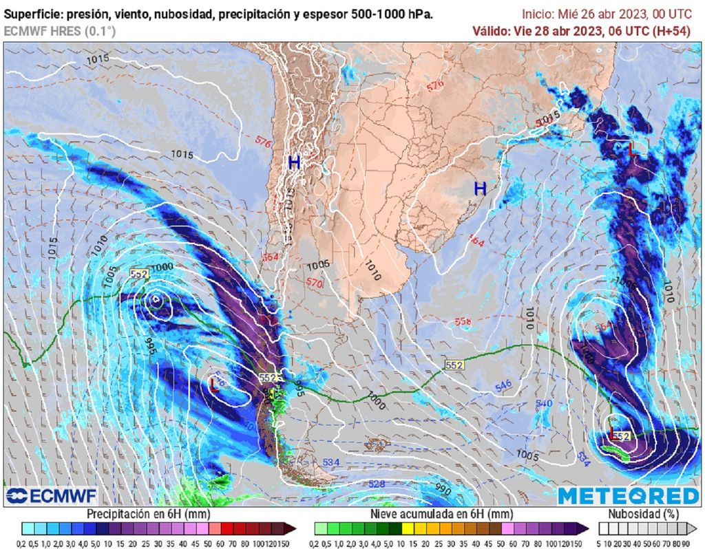 presión y precipitaciones previstas; modelo ECMWF