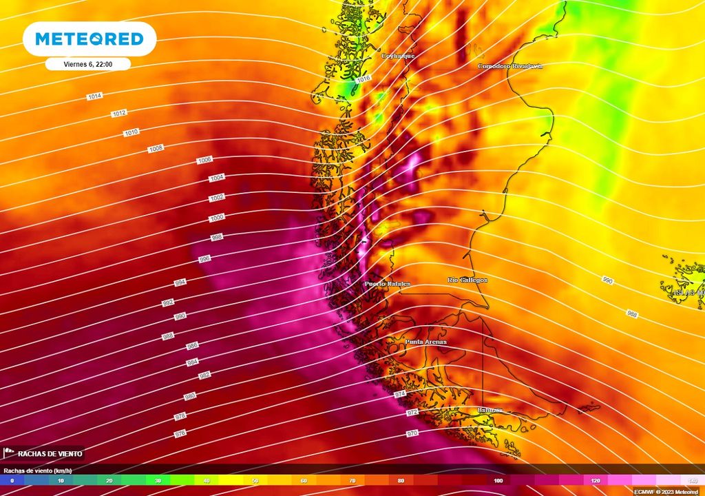 Mapa de rachas de viento previstas para el fin de semana en la Patagonia
