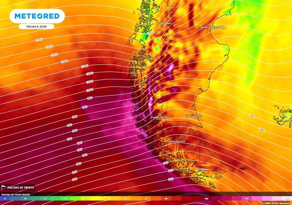 Mapa de rachas de viento previstas para el fin de semana en la Patagonia