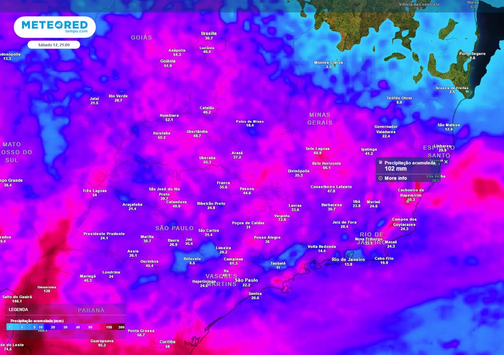 Previsão de acumulados totais de chuva até o Sábado.