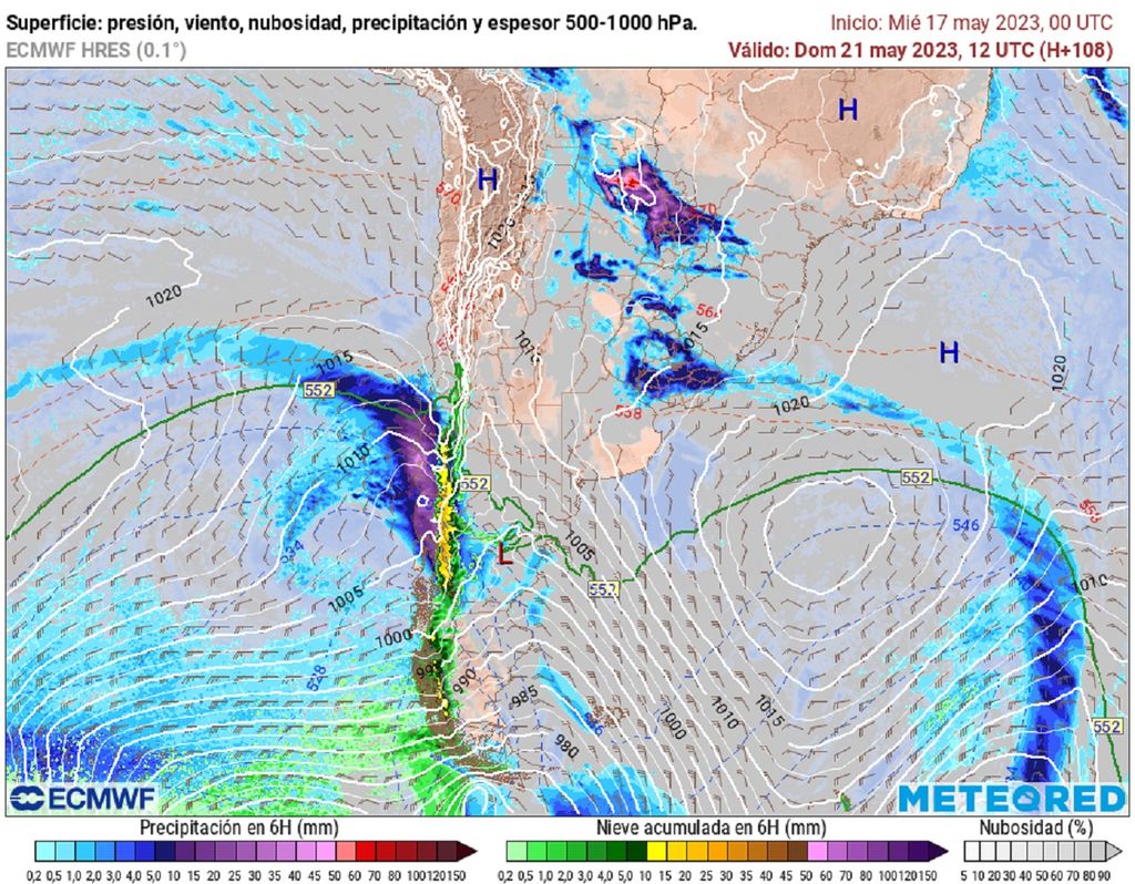 precipitaciones y presión previstas; modelo ECMWF