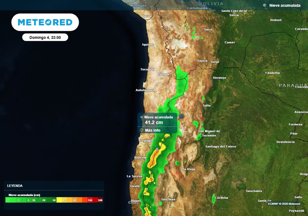nieve acumulada Durante este fin de semana, se espera que acumulen al menos 40 cm de nieve en la cordillera entre Antofagasta y Coquimbo.