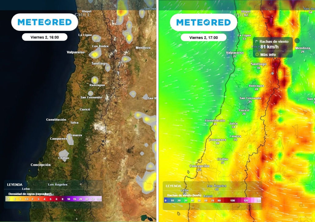 densidad de rayos / rachas de viento En el centro se prevén probables tormentas eléctricas y vientos con rachas de hasta 80 km/h durante el viernes.
