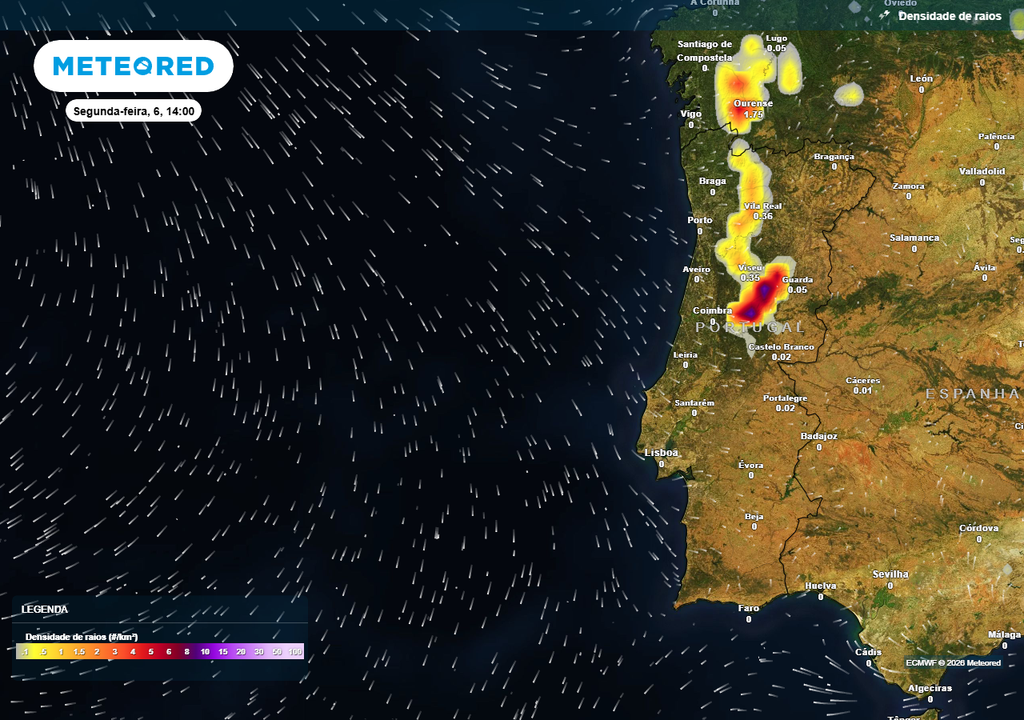 A concentração de descargas elétricas tenderá a ocorrer nas áreas montanhosas do Norte e Centro.