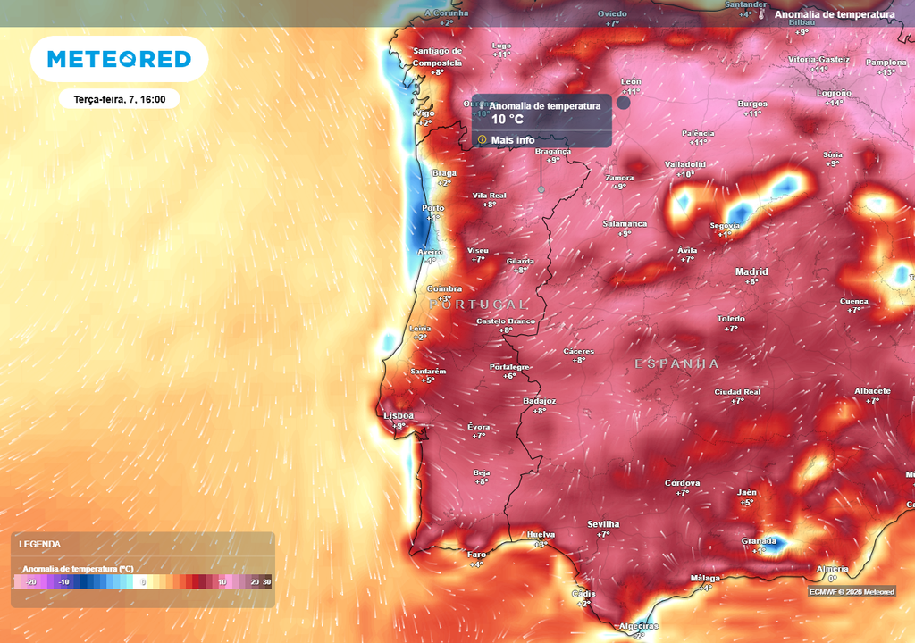 Na terça-feira (7) já será imensamente notório o alívio térmico no litoral Norte e Centro. Não obstante, numa vasta extensão do interior, as temperaturas manter-se-ão entre 6 e 10 ºC acima da média.