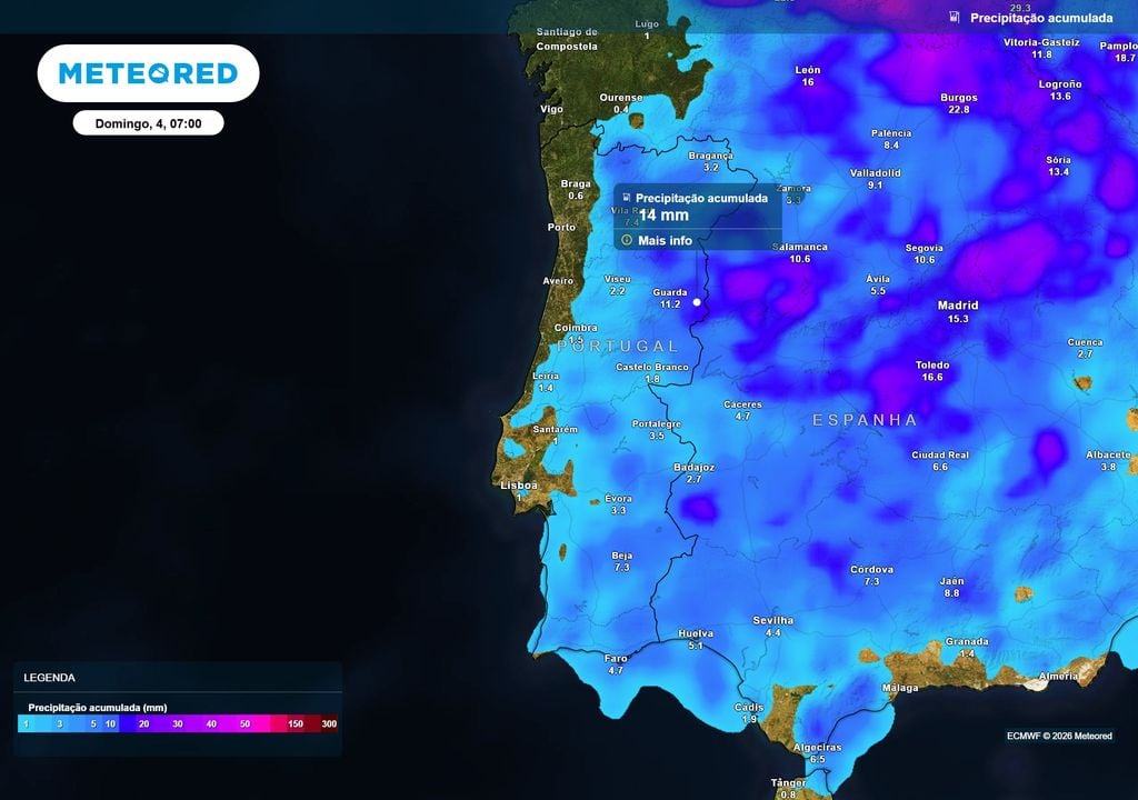 Precipitação acumulada Apesar dos episódios localmente intensos, os acumulados previstos para o conjunto do episódio não deverão ser muito expressivos na generalidade do território.