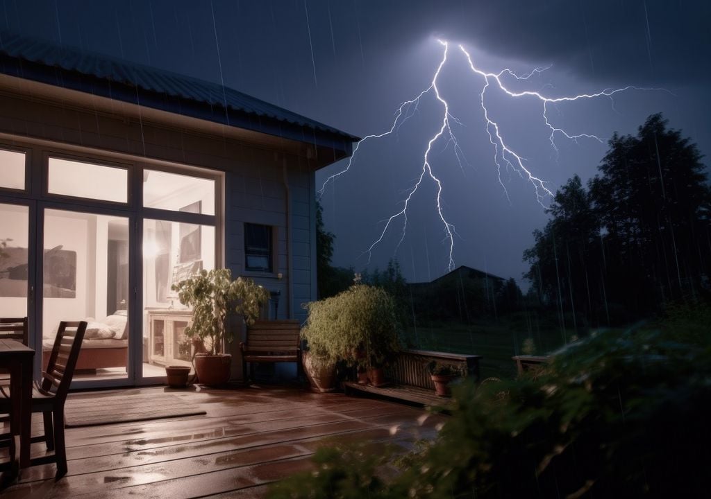 tormenta eléctrica, una casa y un patio con vegetación