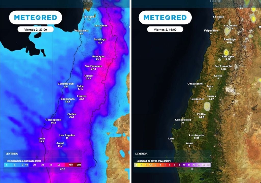 mapas acumulados y rayos. El viernes será el día más activo del sistema con fuertes precipitaciones y tormentas eléctricas durante la tarde.